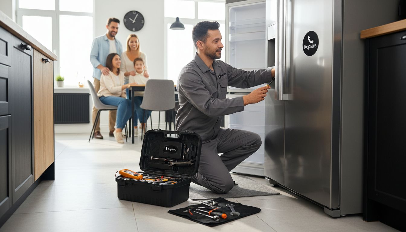 Technician repairing fridge in modern kitchen