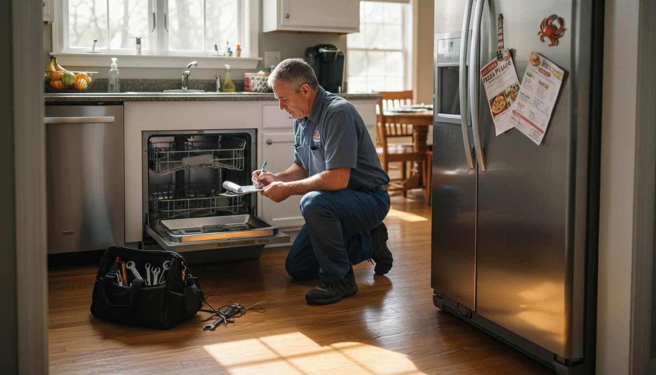 Repair technician working on dishwasher