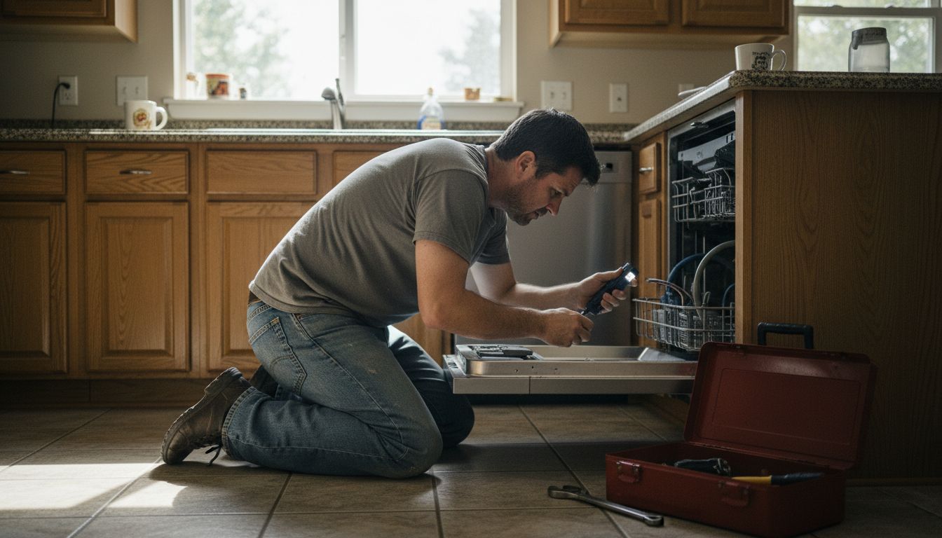 Homeowner checking open dishwasher for repairs