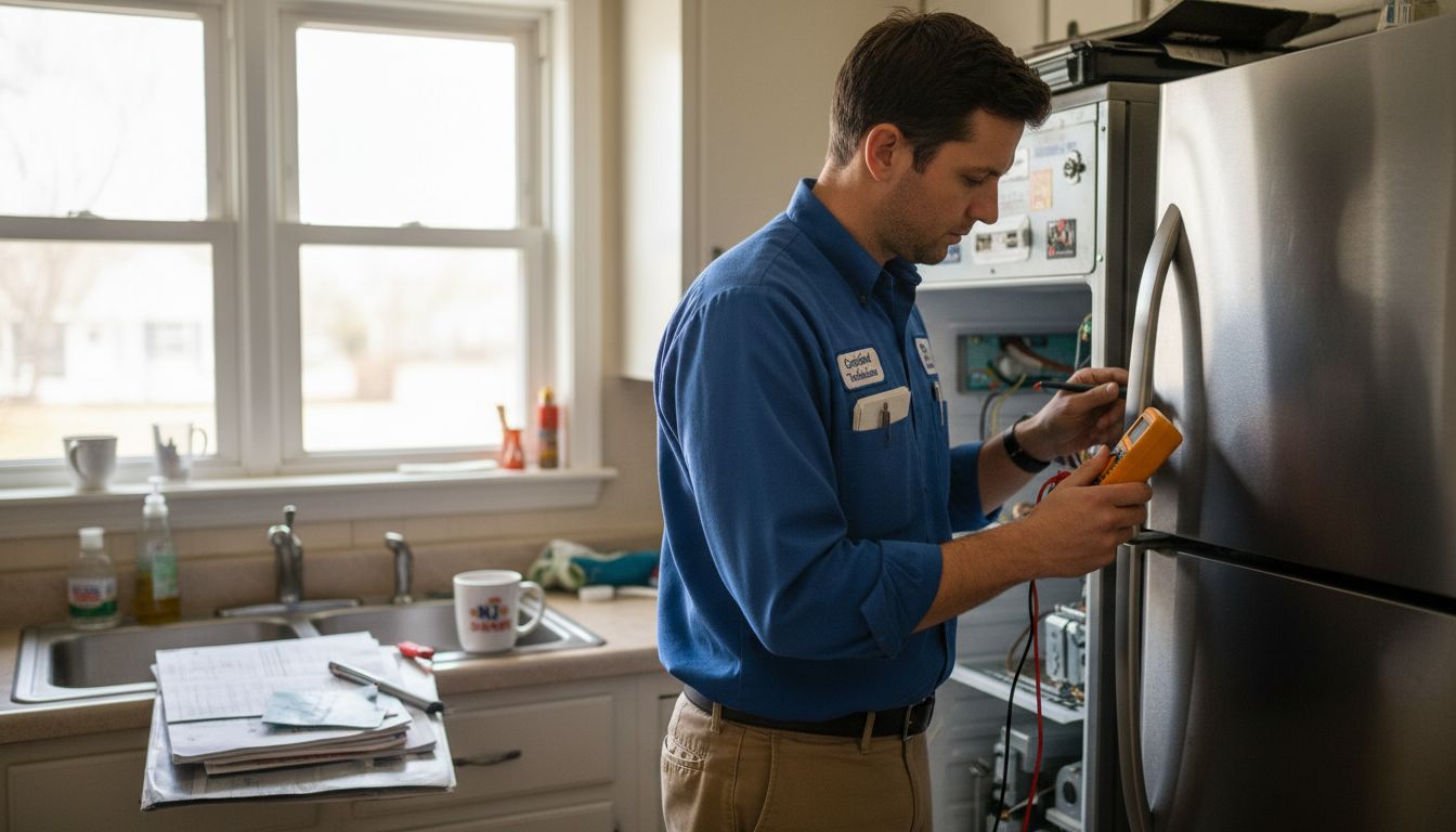 Appliance technician troubleshooting refrigerator issues with multimeter in kitchen setting, emphasizing expert repair services.