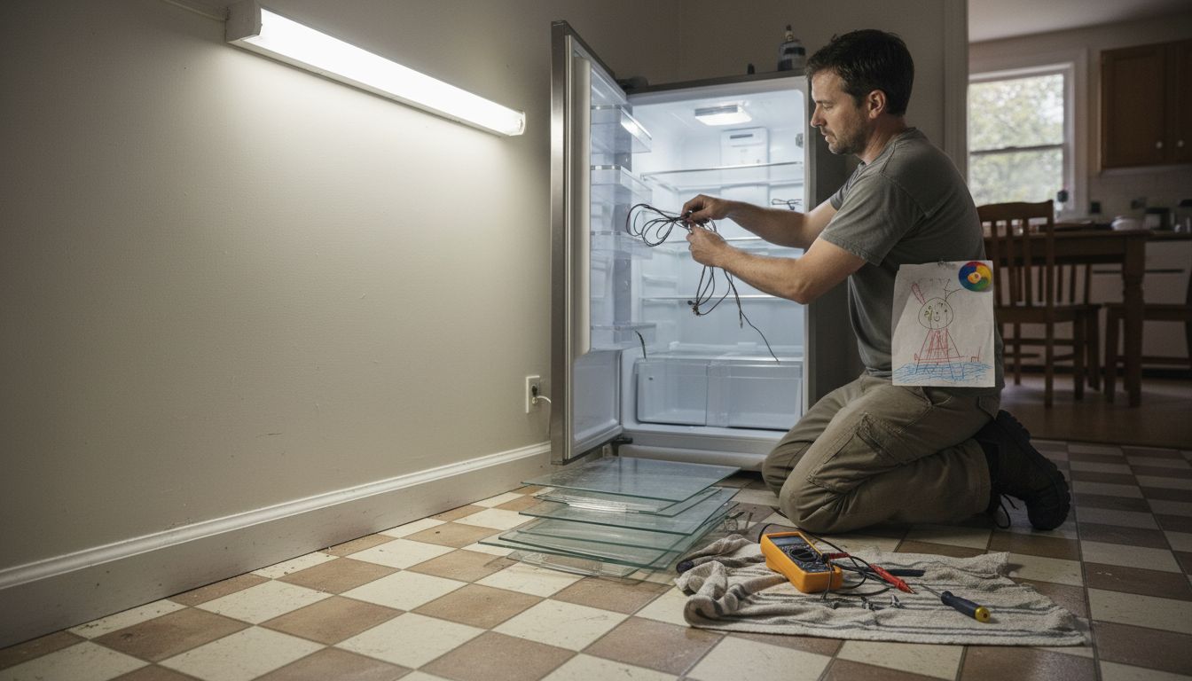 Man troubleshooting refrigerator repair with tools and wires, demonstrating DIY appliance maintenance in a home setting.