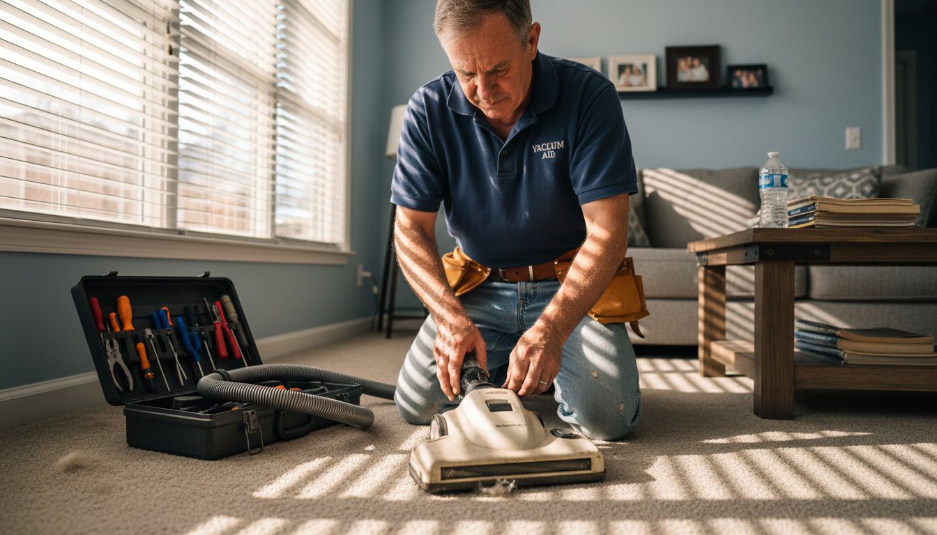 Technician repairing a vacuum cleaner in a home setting, surrounded by tools and a toolbox, emphasizing appliance repair services.