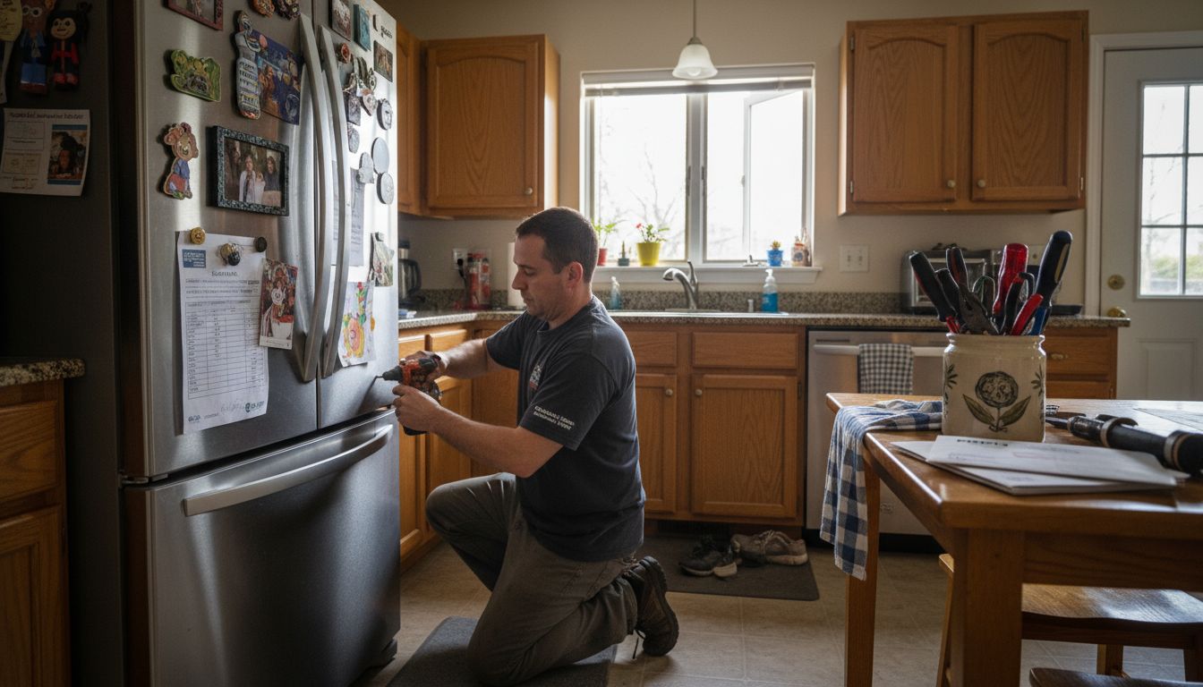 Technician repairing refrigerator in New Jersey kitchen
