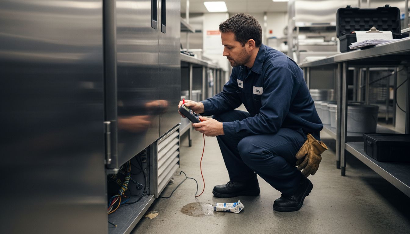 Technician repairing appliance in busy business kitchen