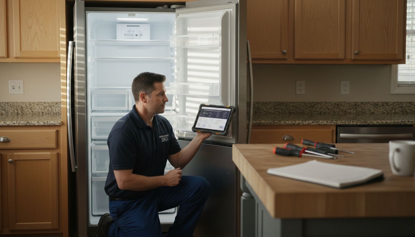 Technician checking smart refrigerator diagnostics