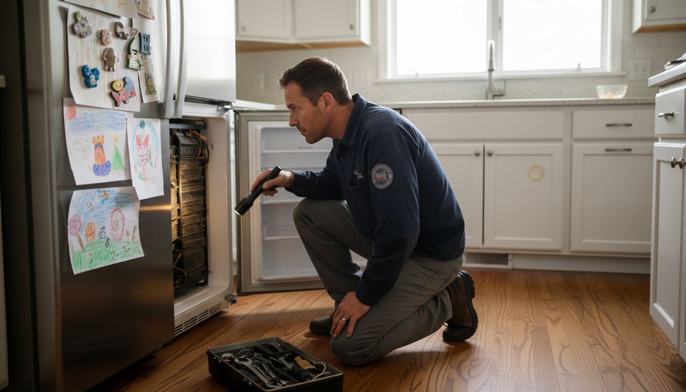 Appliance repair technician working on home refrigerator