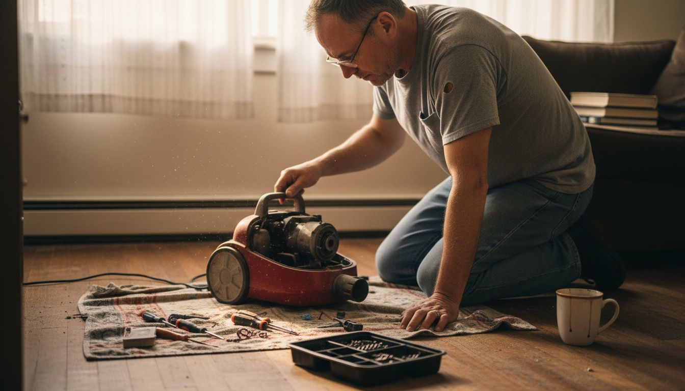 Man preparing workspace for vacuum repair