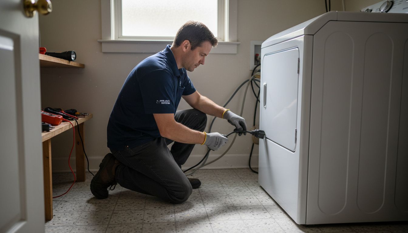 Technician unplugging dryer before inspection