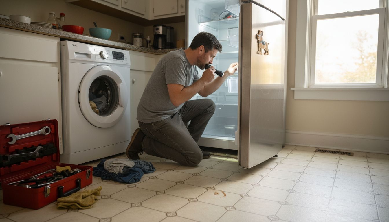 Man repairing refrigerator and appliances in busy kitchen