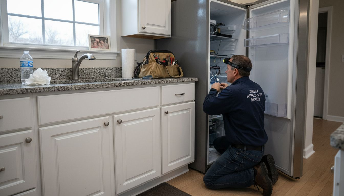 Technician fixing refrigerator in New Jersey kitchen