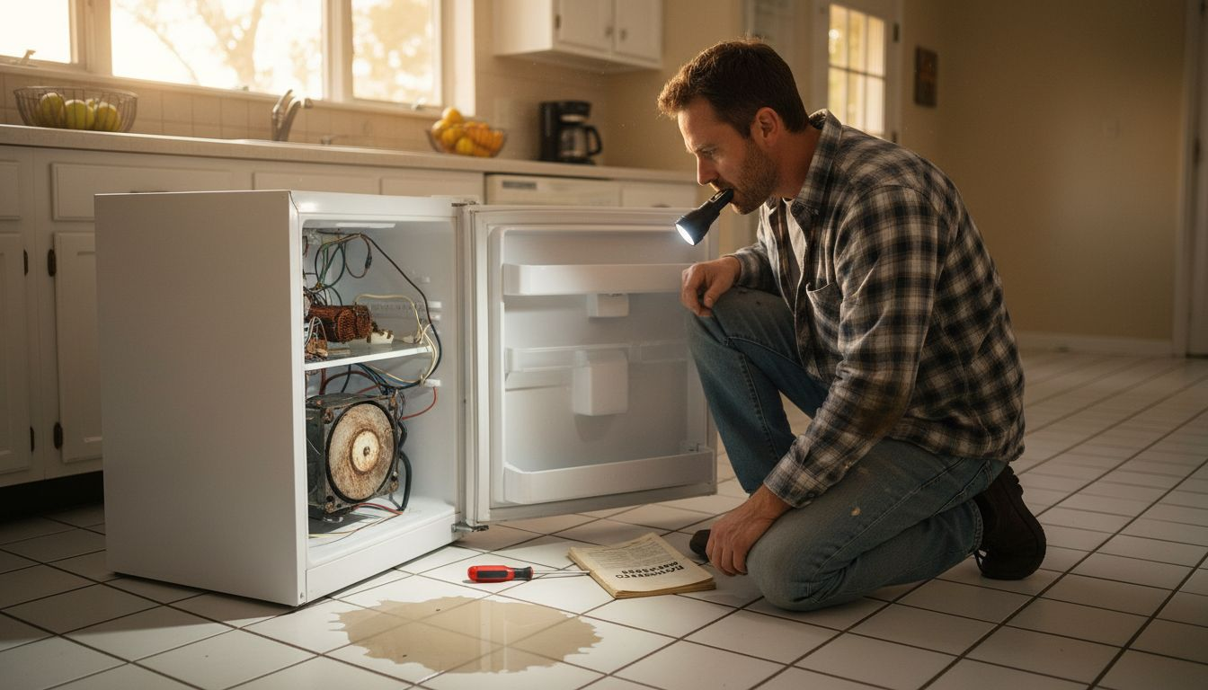 Homeowner repairing refrigerator in bright kitchen