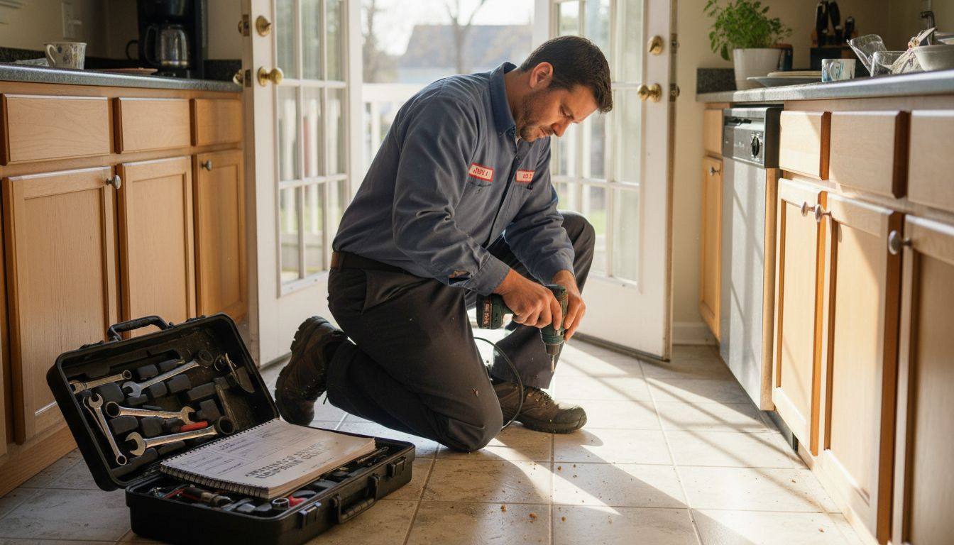 Technician repairs dishwasher in NJ kitchen