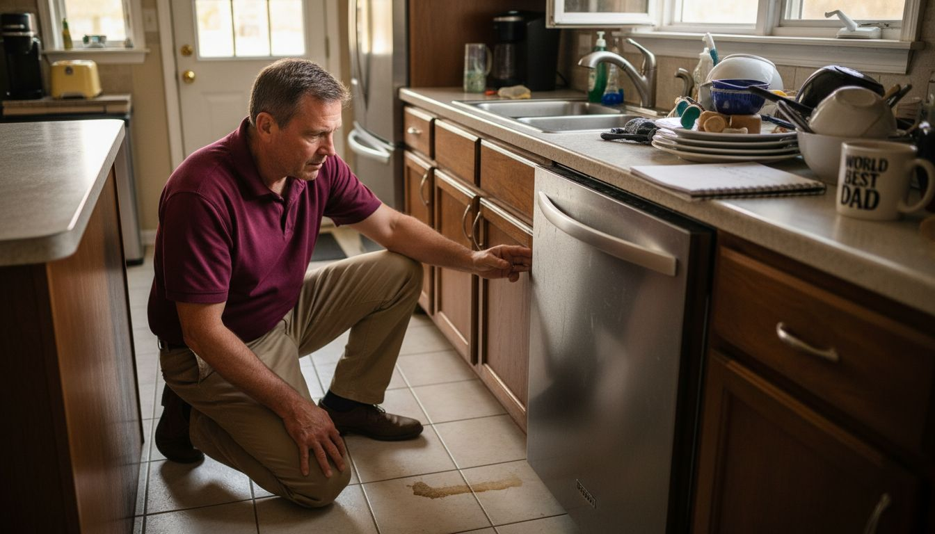 Homeowner inspecting broken appliance in kitchen