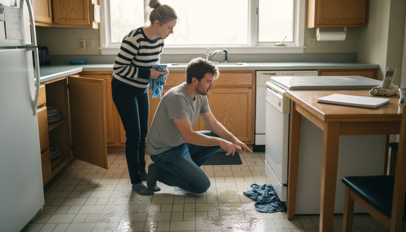 Couple reacting to sudden dishwasher leak in kitchen