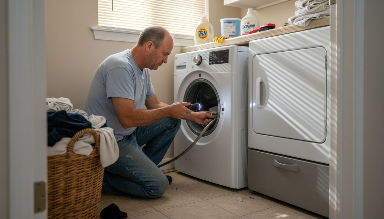 Homeowner inspecting washer hose in busy laundry room