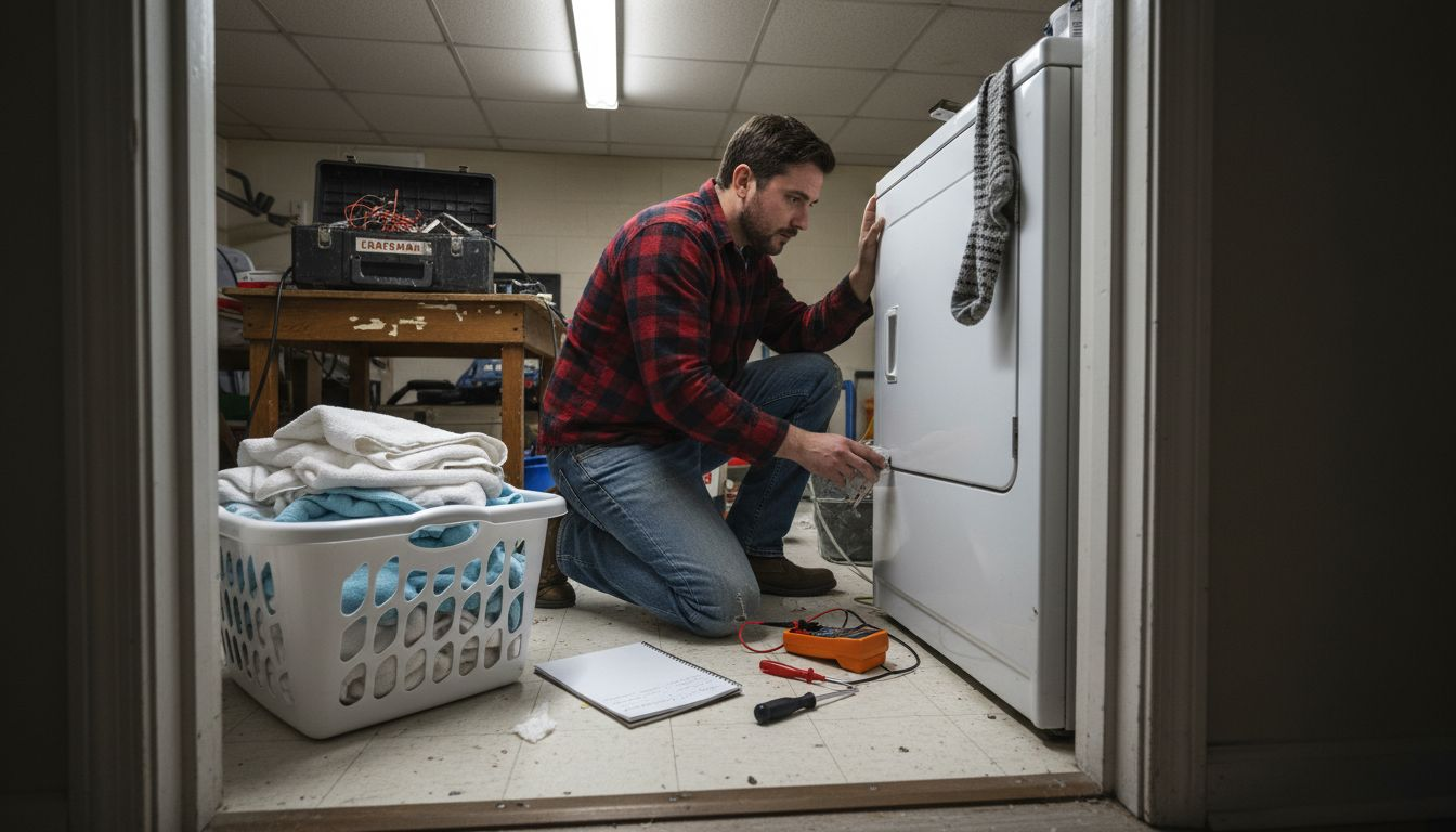Homeowner preparing workspace for dryer repair