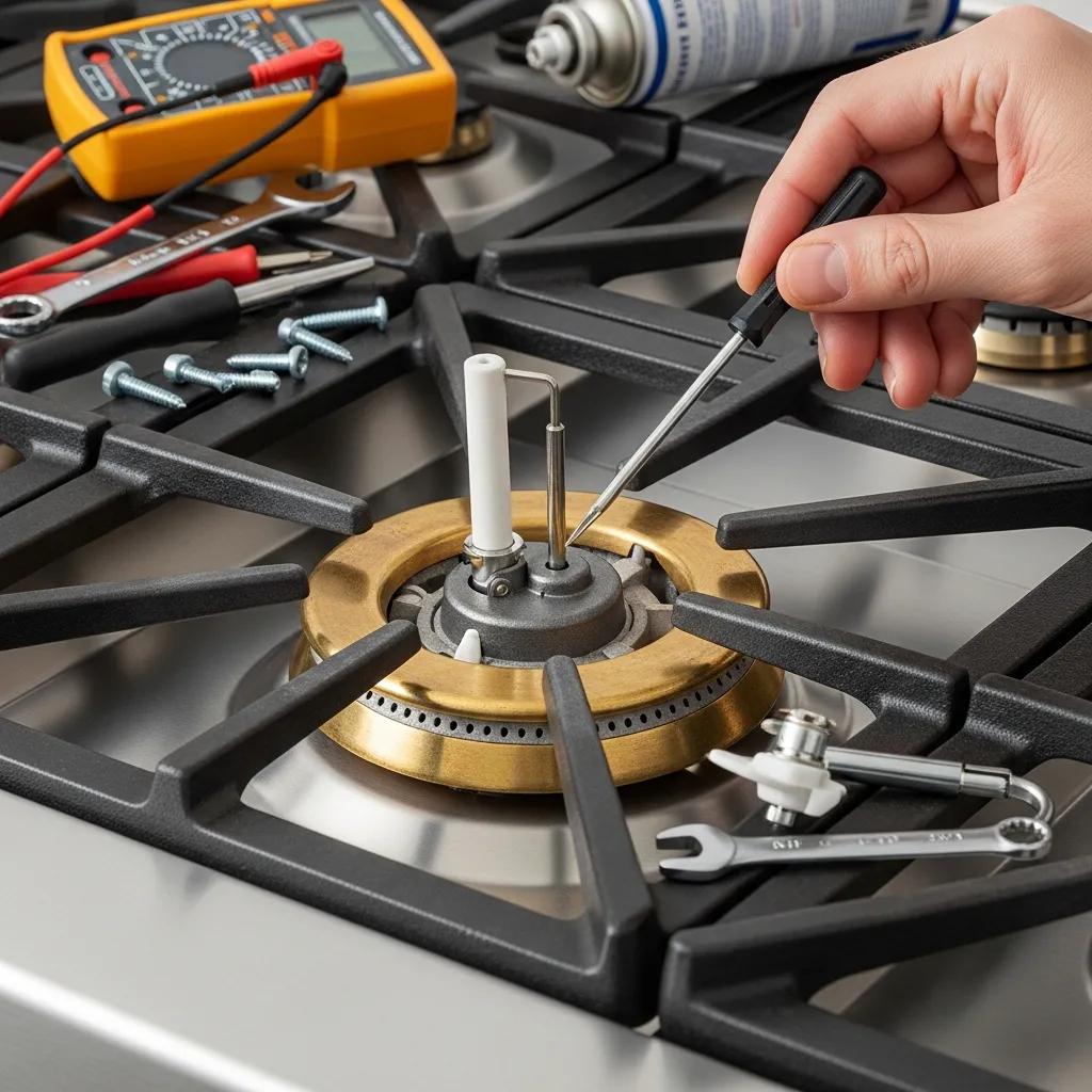 Close-up of a Blue Star range burner being inspected, focusing on the igniter and components