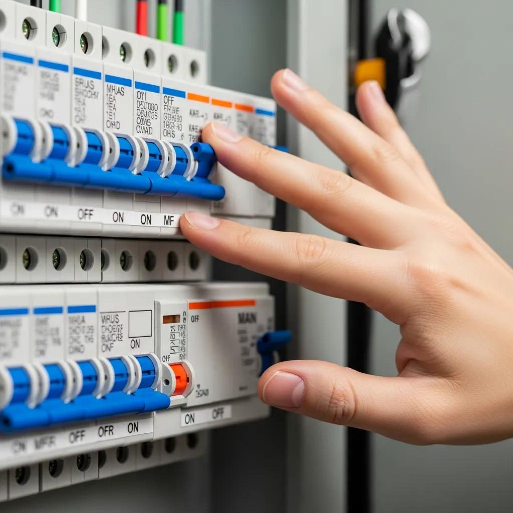 Close-up of a hand resetting a tripped circuit breaker in a panel, focusing on electrical troubleshooting
