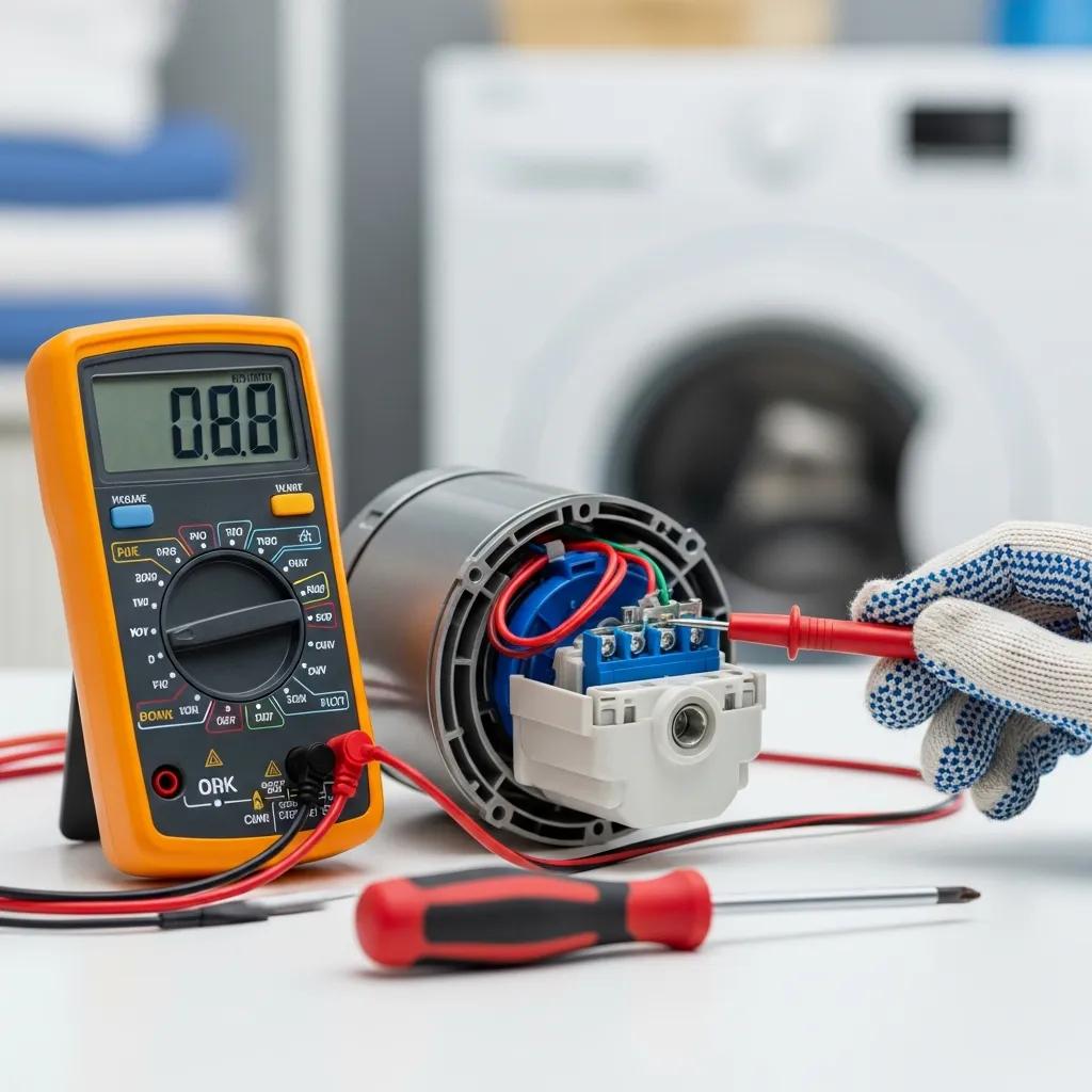 Close-up of a washing machine drain pump being tested with a multimeter for diagnosis