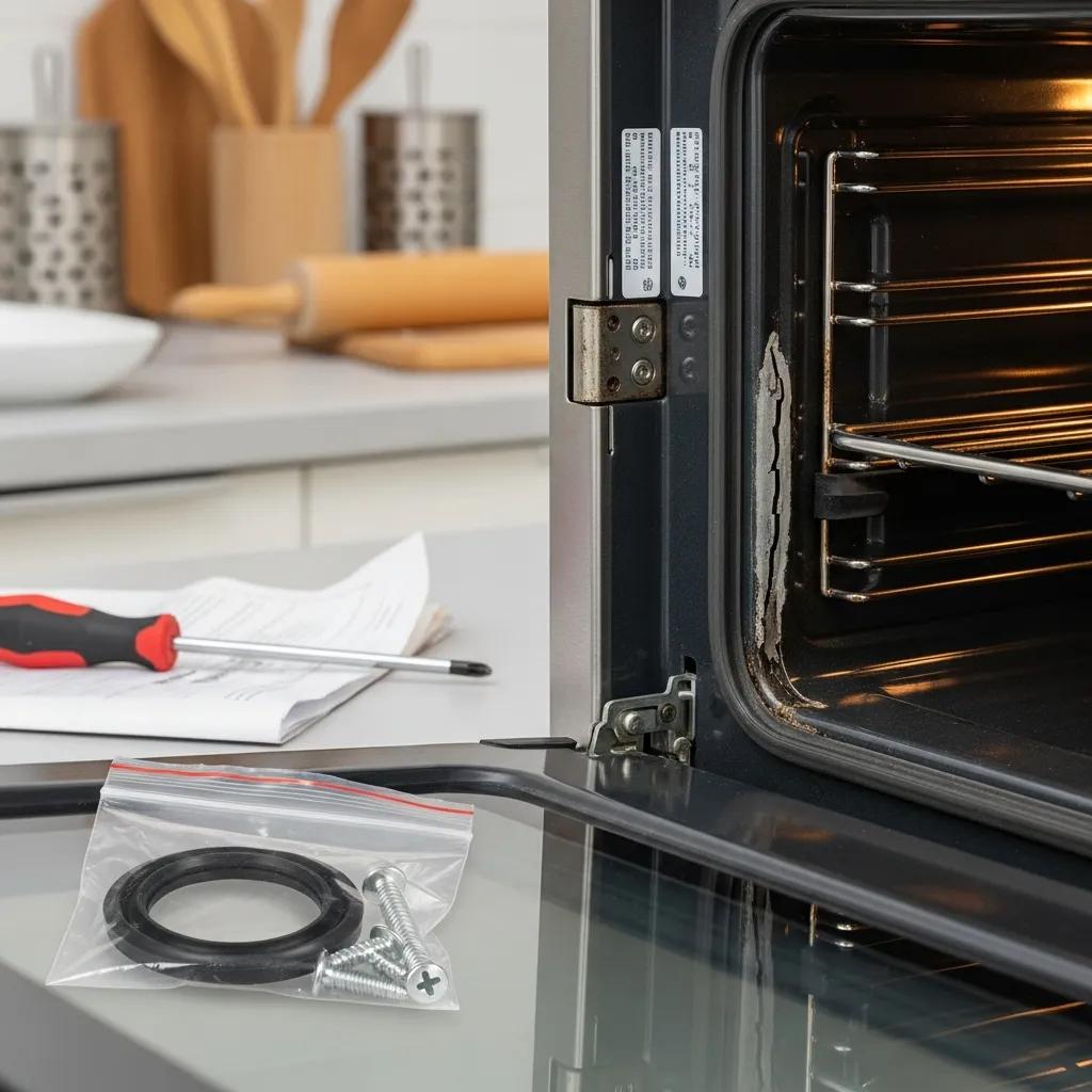 Close-up of an oven door with worn hinges and seals, depicting the repair process for oven malfunctions