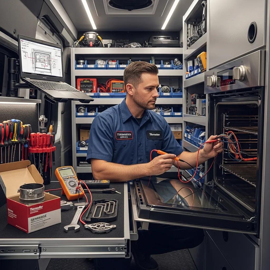 Factory-trained technician repairing a Thermador appliance with genuine parts