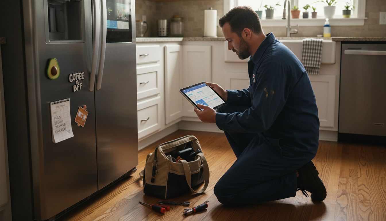 Technician using tablet for smart fridge repair