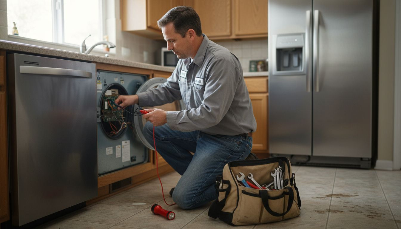 Technician repairing washing machine in home kitchen