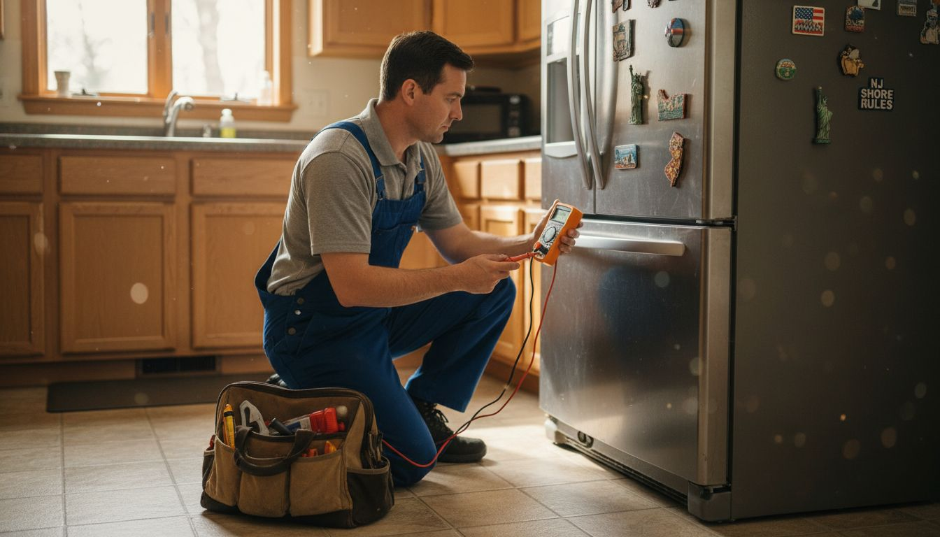 Technician diagnosing home refrigerator appliance