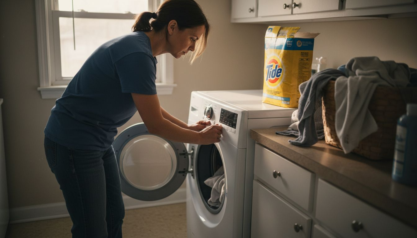 Woman selecting washing machine cycle in laundry room