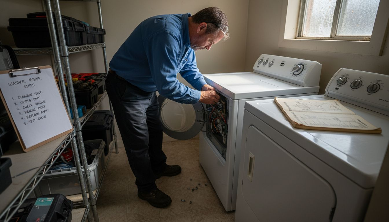 Technician repairs appliance with workflow steps