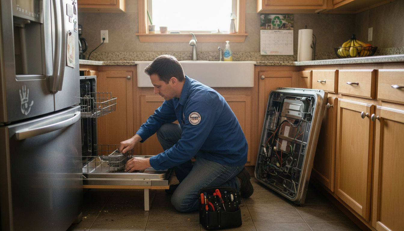 Technician fixing stainless kitchen dishwasher