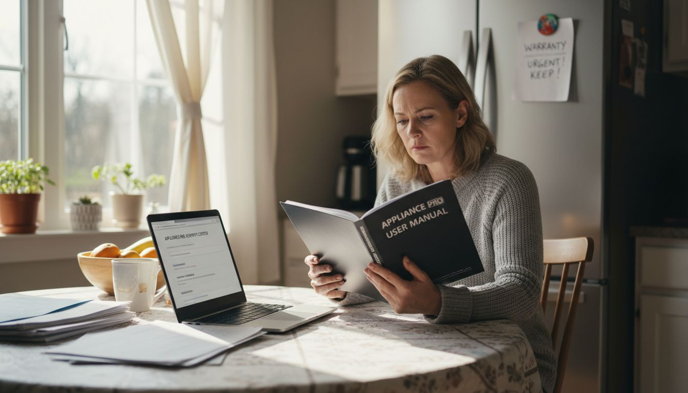 Homeowner reviewing appliance documents at kitchen table