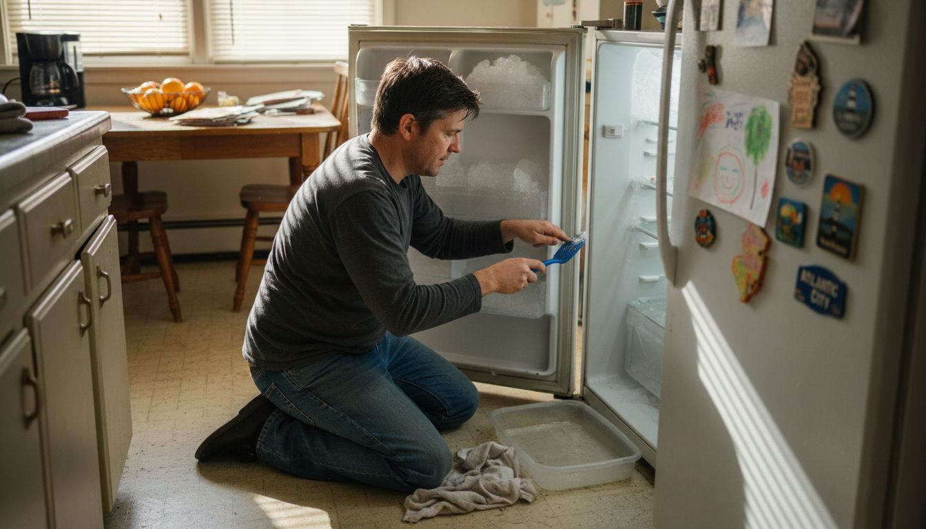 Homeowner defrosting fridge in New Jersey kitchen