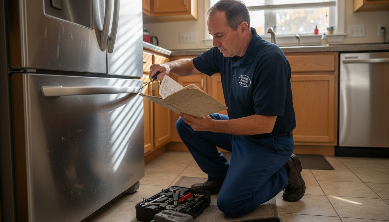 Technician repairing refrigerator in NJ kitchen