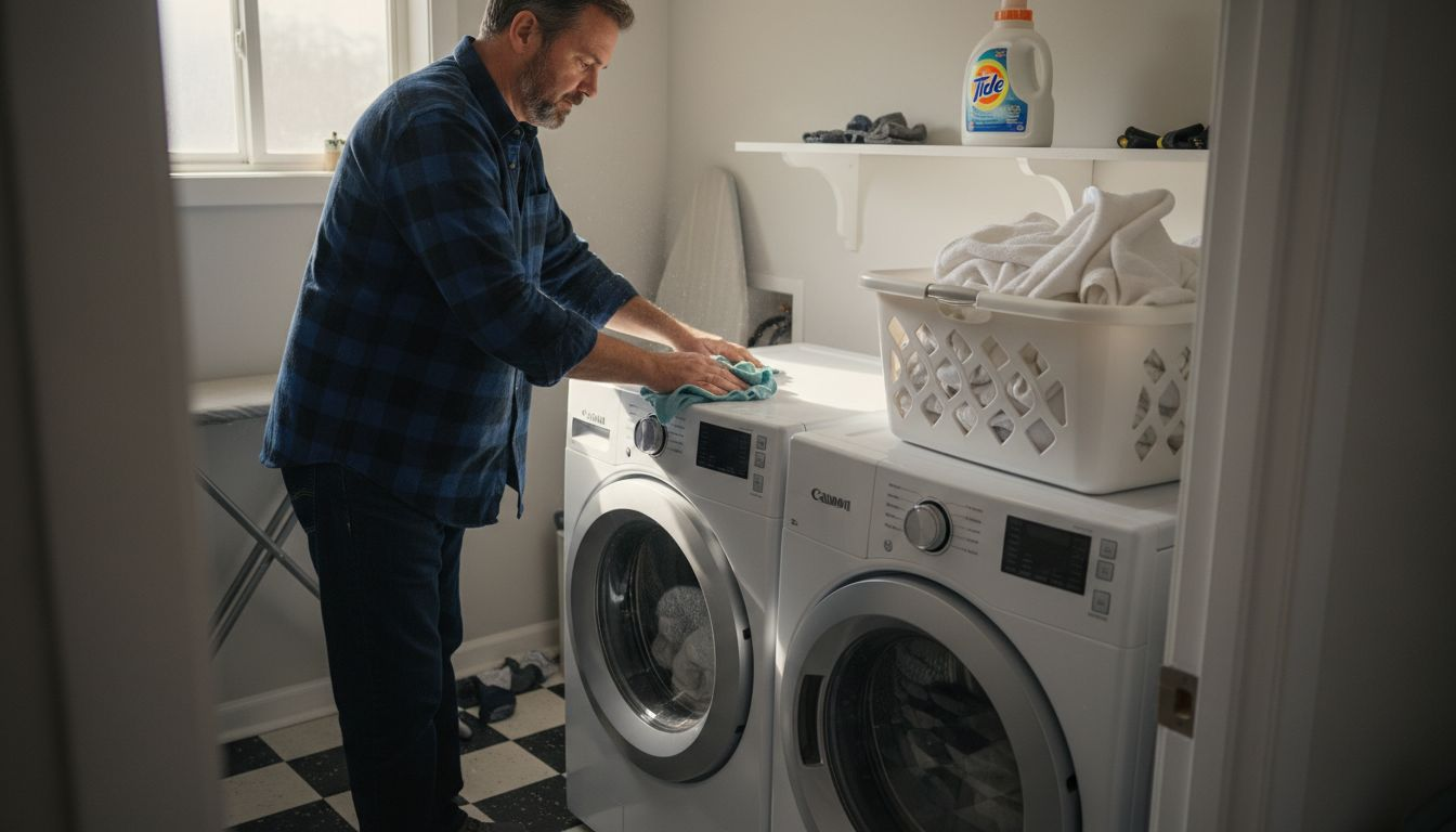 Homeowner cleaning washer in laundry room