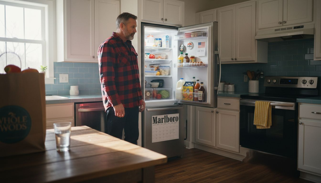 Man looking into open refrigerator in kitchen