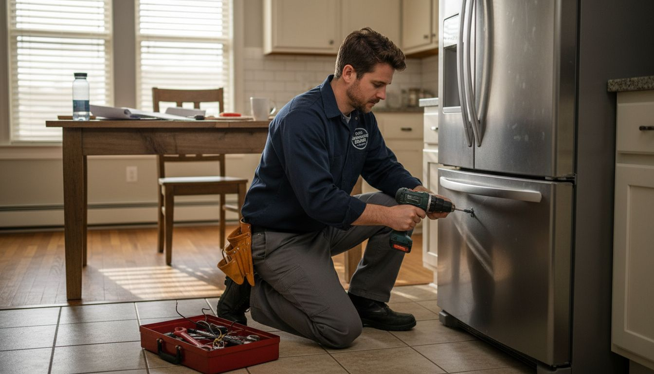 Technician repairing fridge in sunlit kitchen