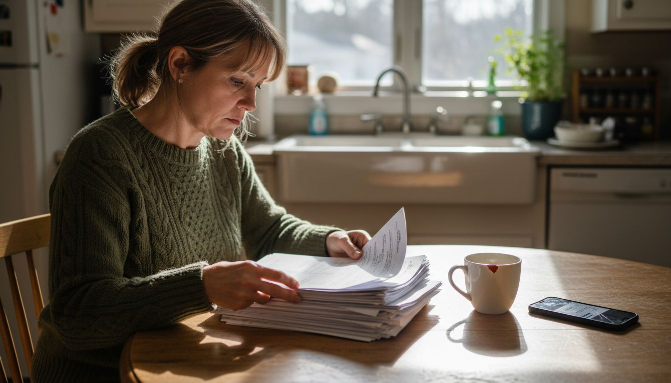 Homeowner reading appliance warranties at kitchen table