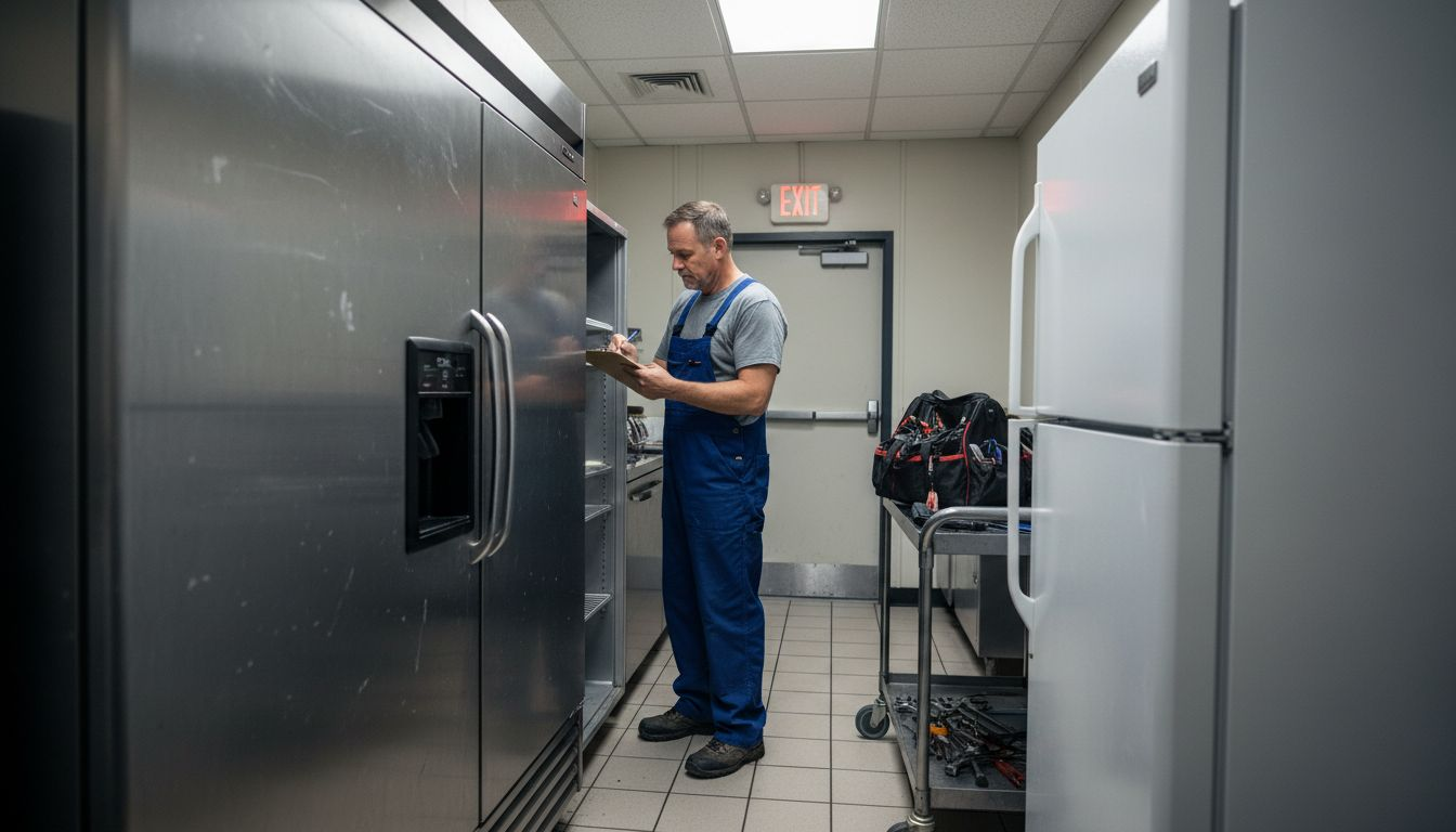 Technician comparing commercial and residential refrigerators