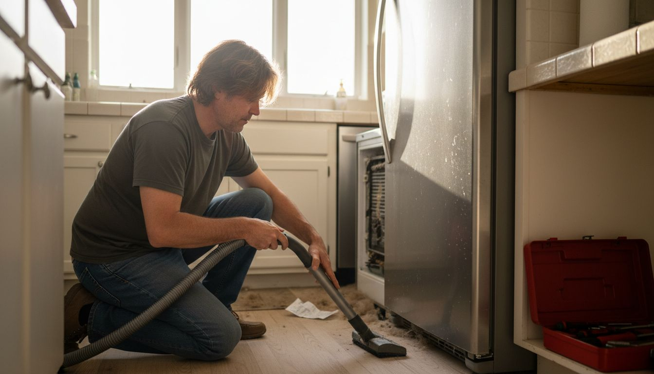 Homeowner cleaning refrigerator coils in sunny kitchen