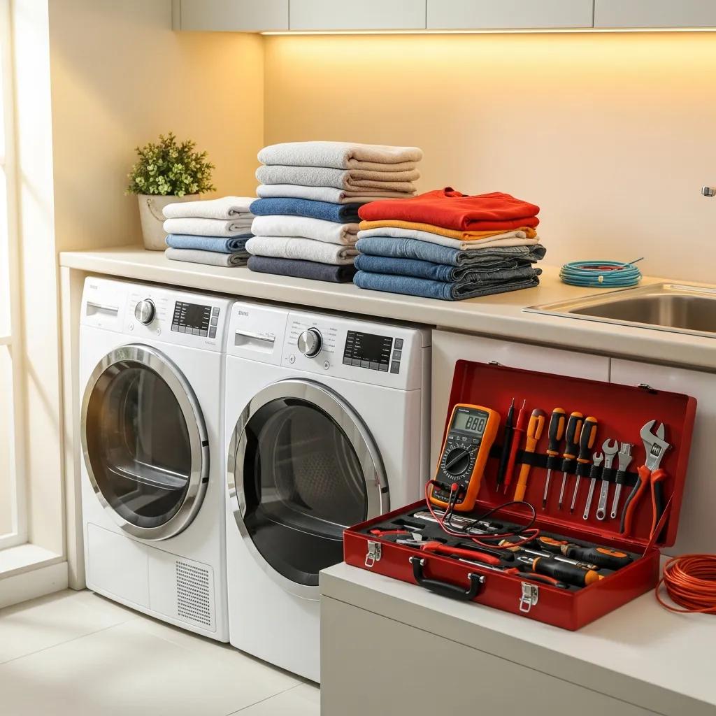 Modern laundry room with electric and gas dryers, tools for troubleshooting, and neatly folded clothes