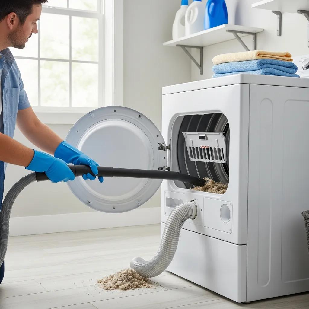 Person cleaning a lint trap and inspecting a dryer vent in a bright home setting