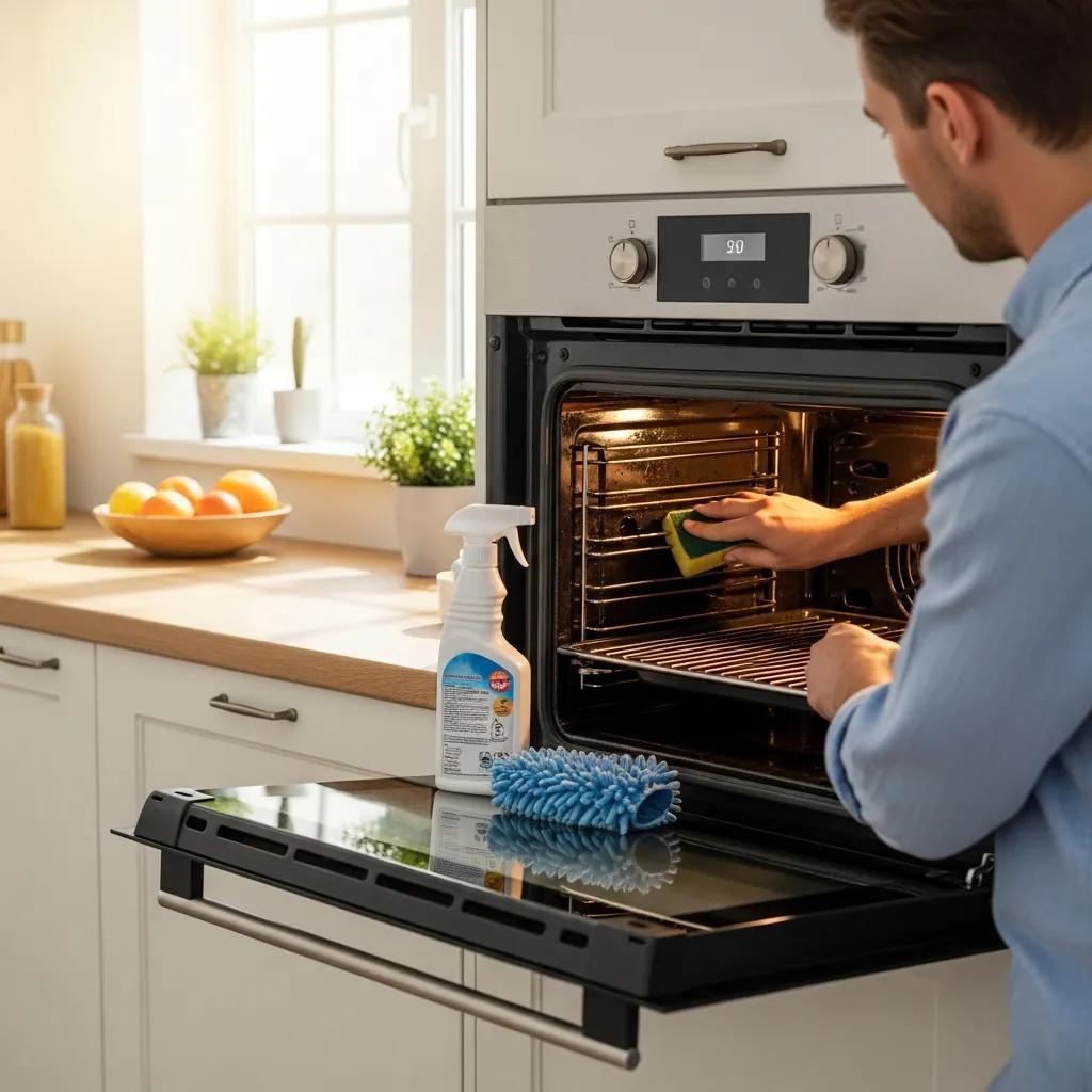 Person cleaning the interior of an oven, illustrating essential maintenance tips for homeowners