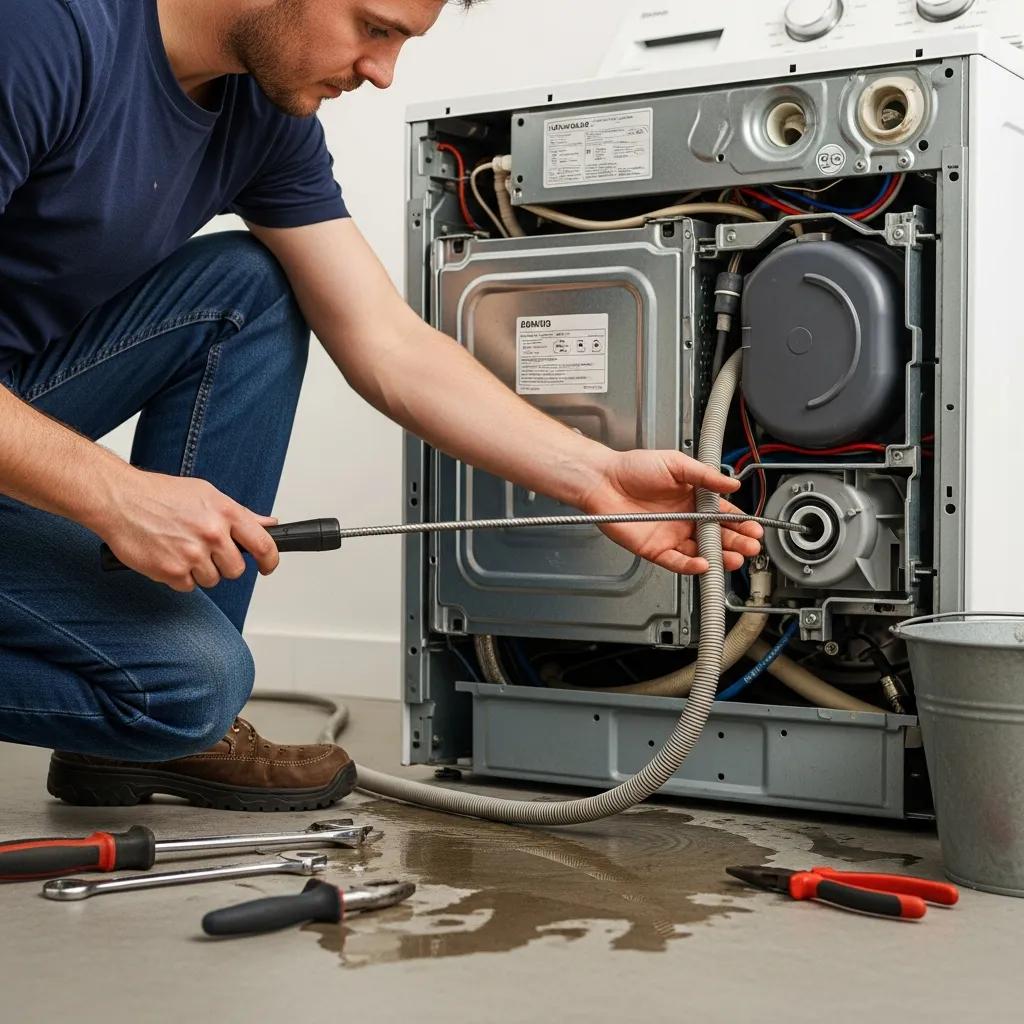 Person inspecting a clogged washing machine drain hose with tools for DIY repair