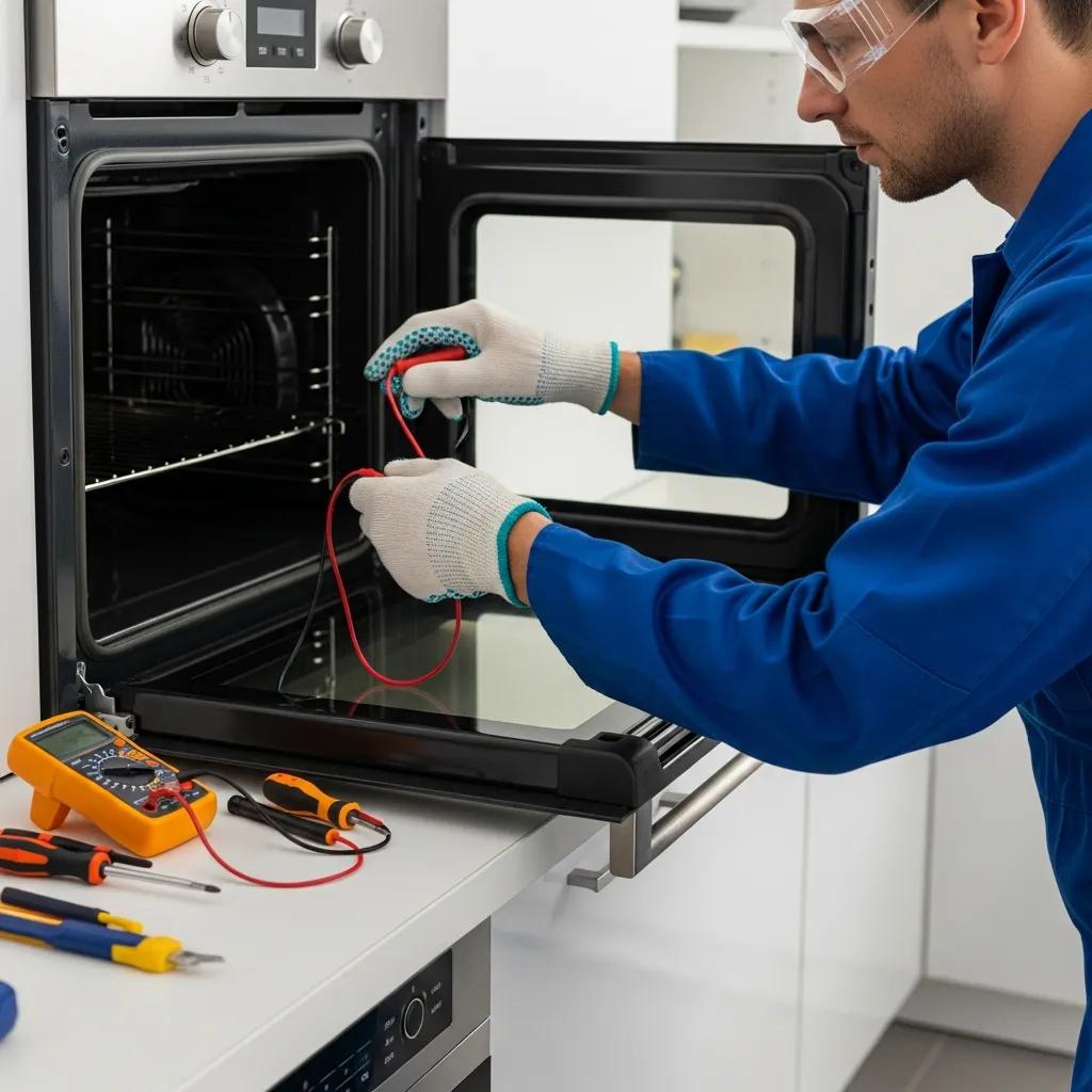 Person performing maintenance on an oven, showcasing tools and safety precautions