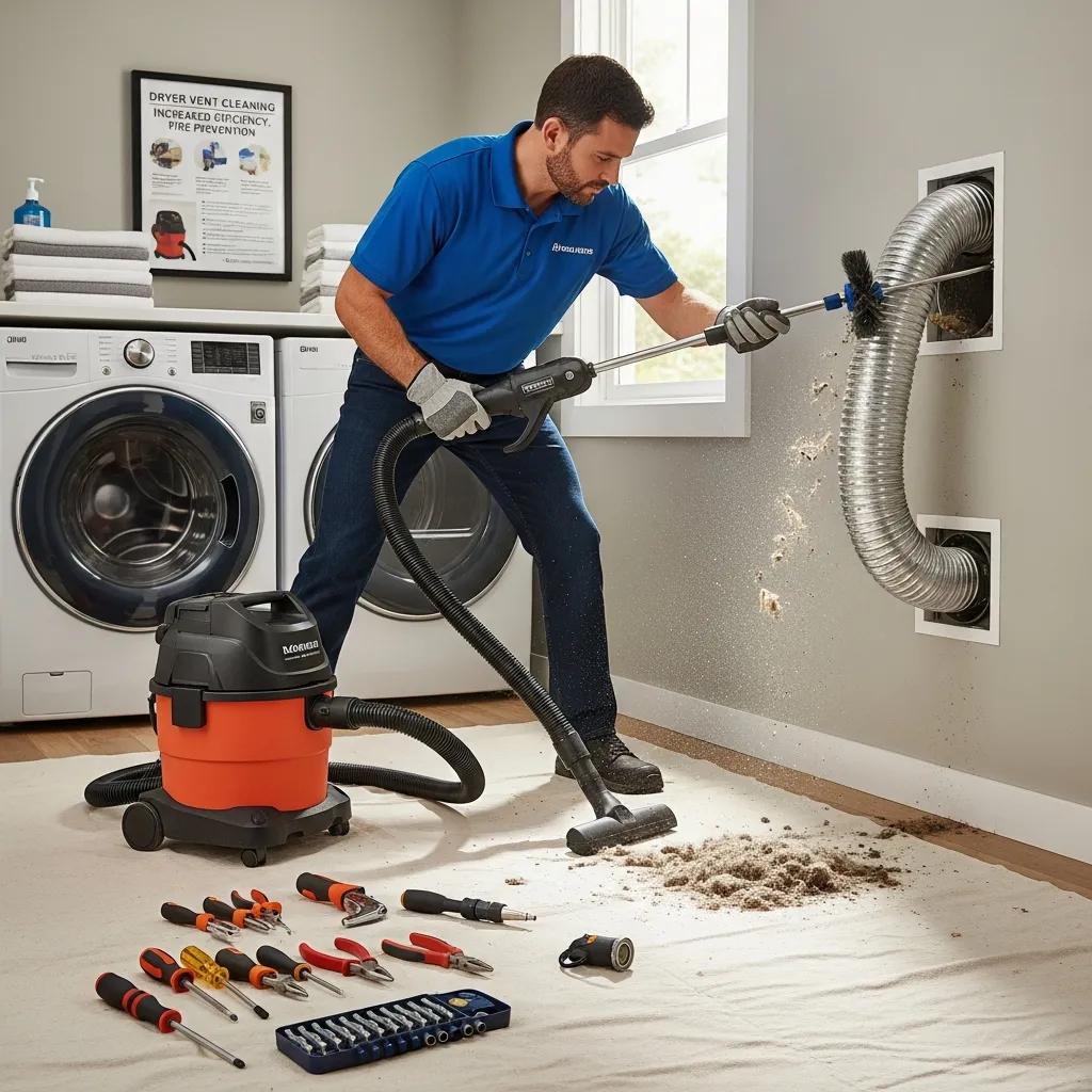 Professional cleaning a dryer vent, showcasing the importance of maintenance for dryer efficiency