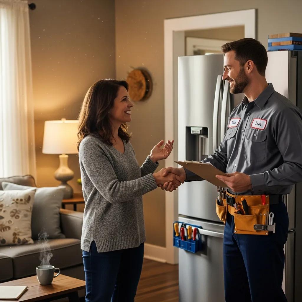 Satisfied customer interacting with a local appliance repair technician, highlighting customer satisfaction
