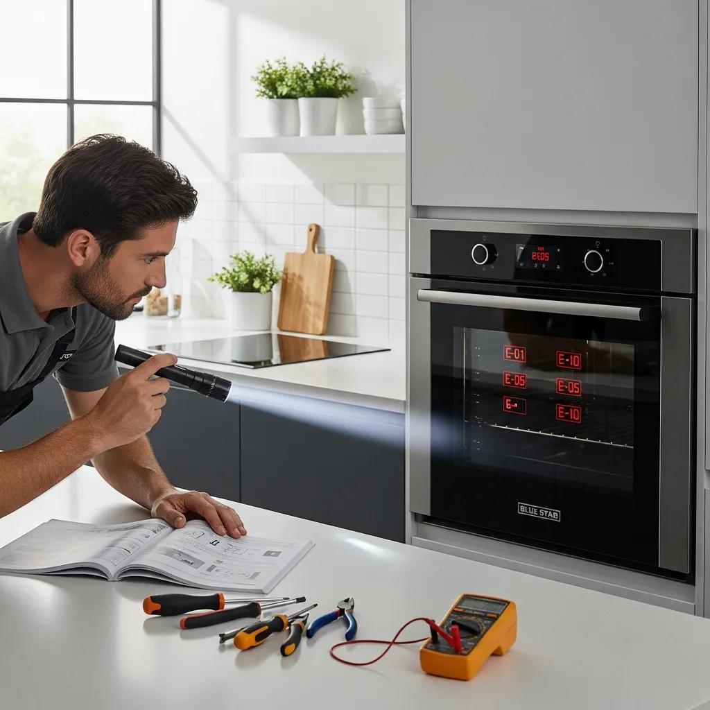 Technician examining a Blue Star oven with error codes displayed on the control panel