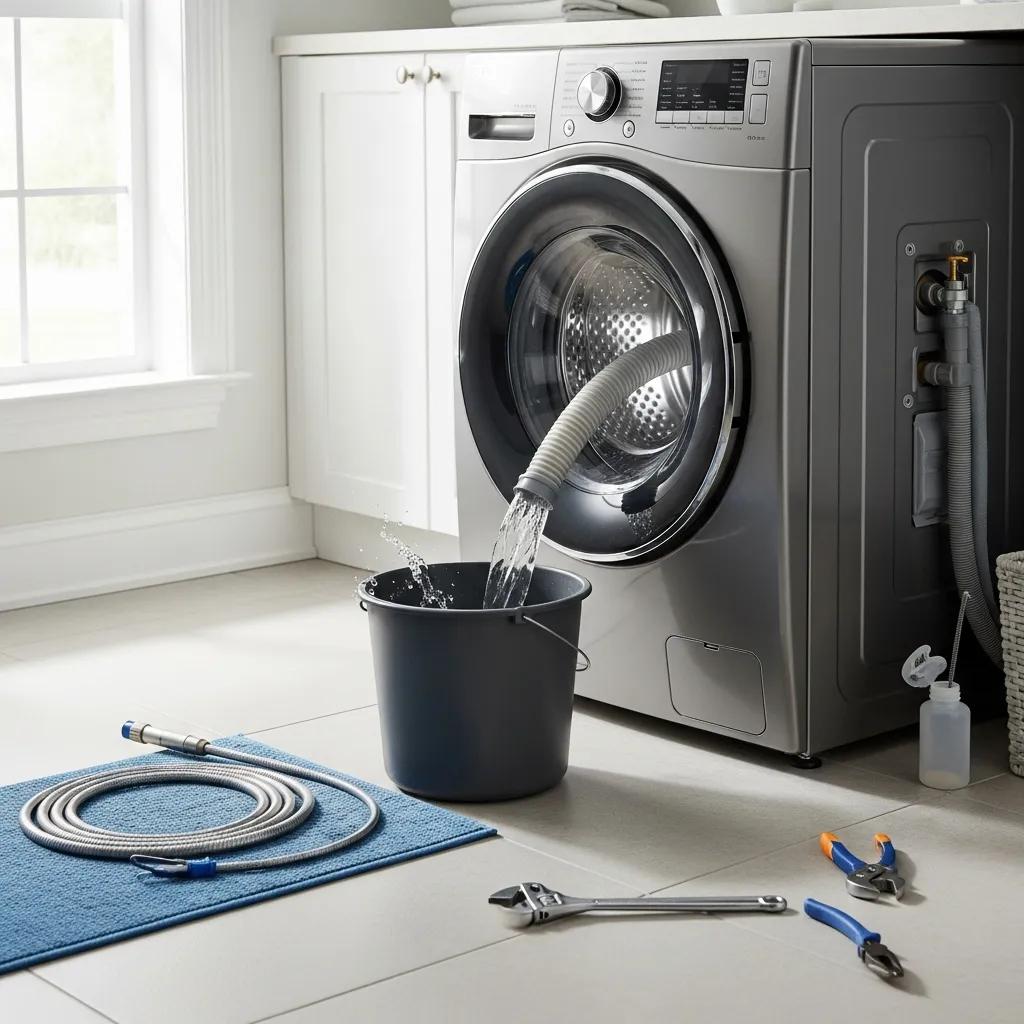Washing machine in a clean laundry room with tools for troubleshooting drainage issues