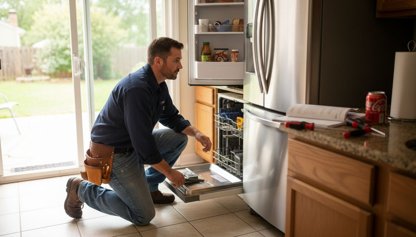 Technician servicing kitchen appliances together